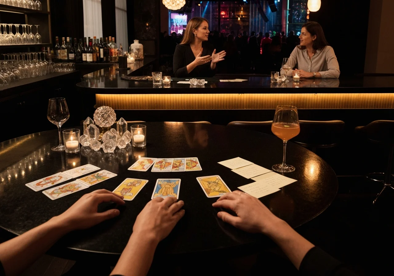 A pre-visit preparation scene with tarot cards and a reservation notebook arranged on the black counter, lit by reflected light.