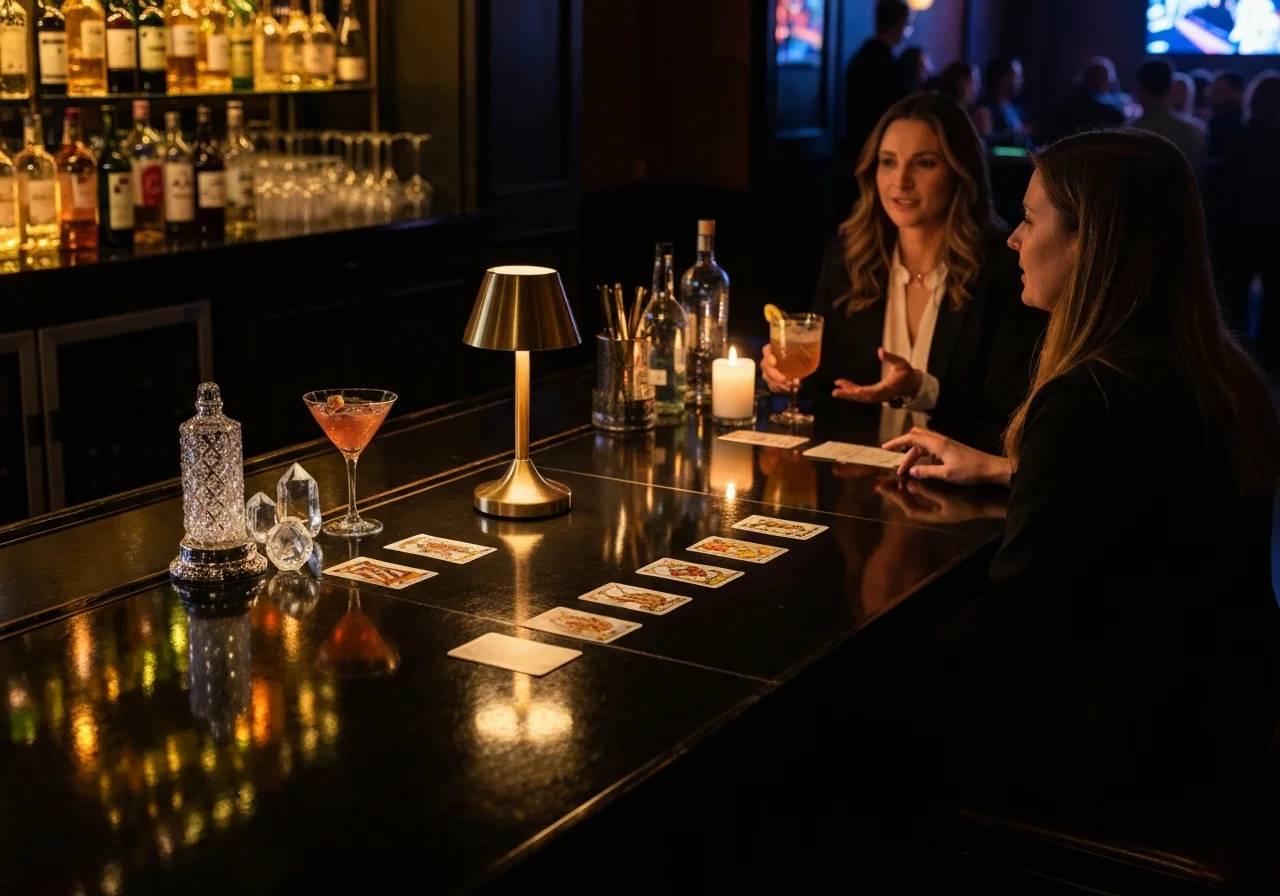 A scene at the night counter with tarot cards spread out and the reading hand visible through the glass.