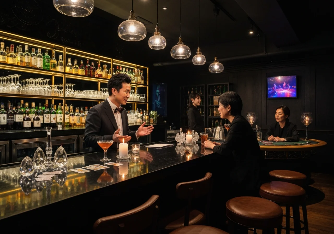 A front-facing photo of the fortune-telling bar interior, with the wooden counter and bottle shelves extending behind the Nagarekawa night view.