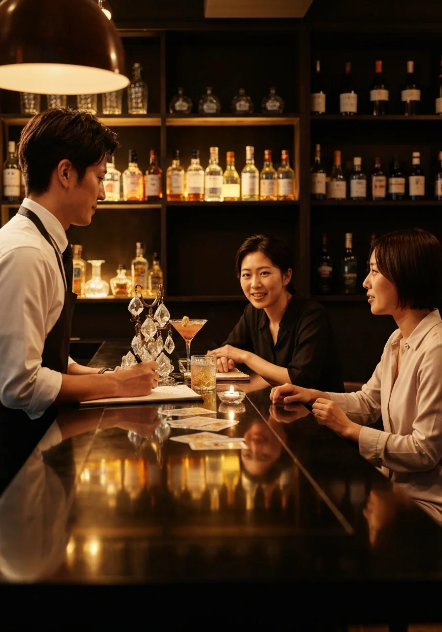 A female fortune teller dressed in black speaking with a guest at the counter while spreading tarot cards.
