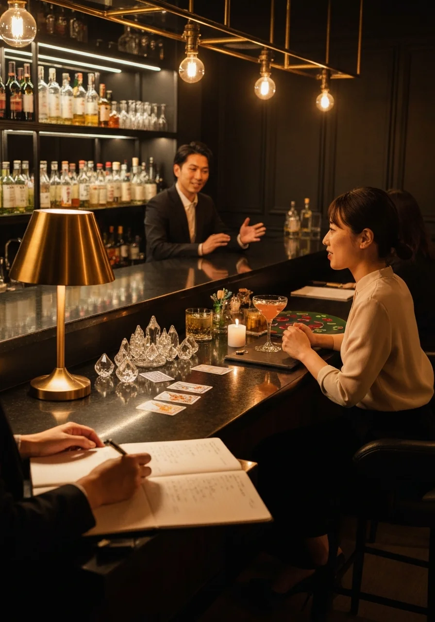 A scene at a table seat with a glass and notebook, where a male staff member is taking notes while guiding the consultation.